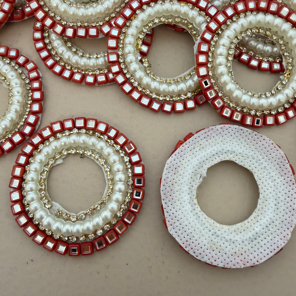 Luxury Red & Pearl Round Crystal Applique Patches -Pack of 10