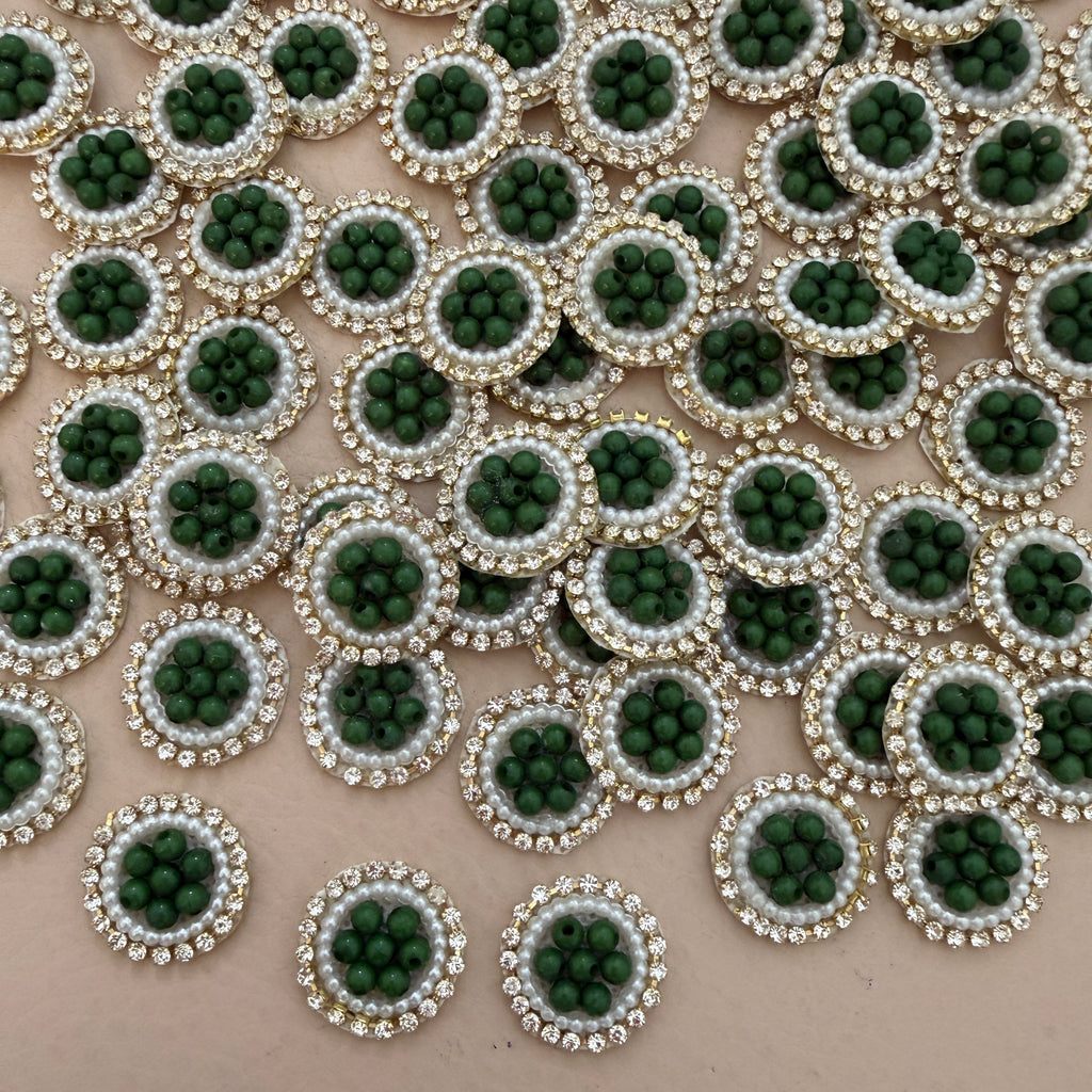 Premium Green Pearl & Rhinestone Circular Applique Patches (Pack of 25)