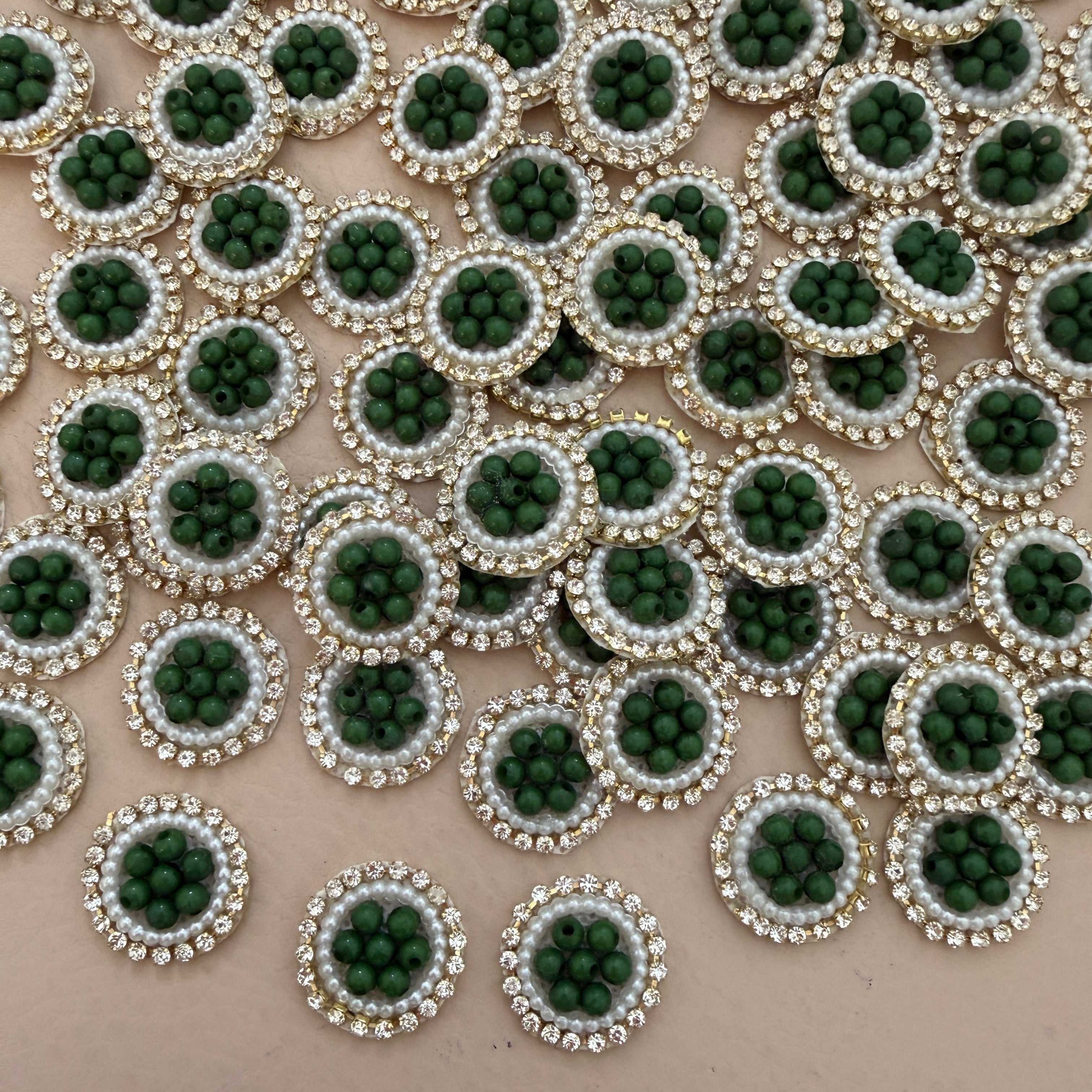 Premium Green Pearl & Rhinestone Circular Applique Patches (Pack of 25)