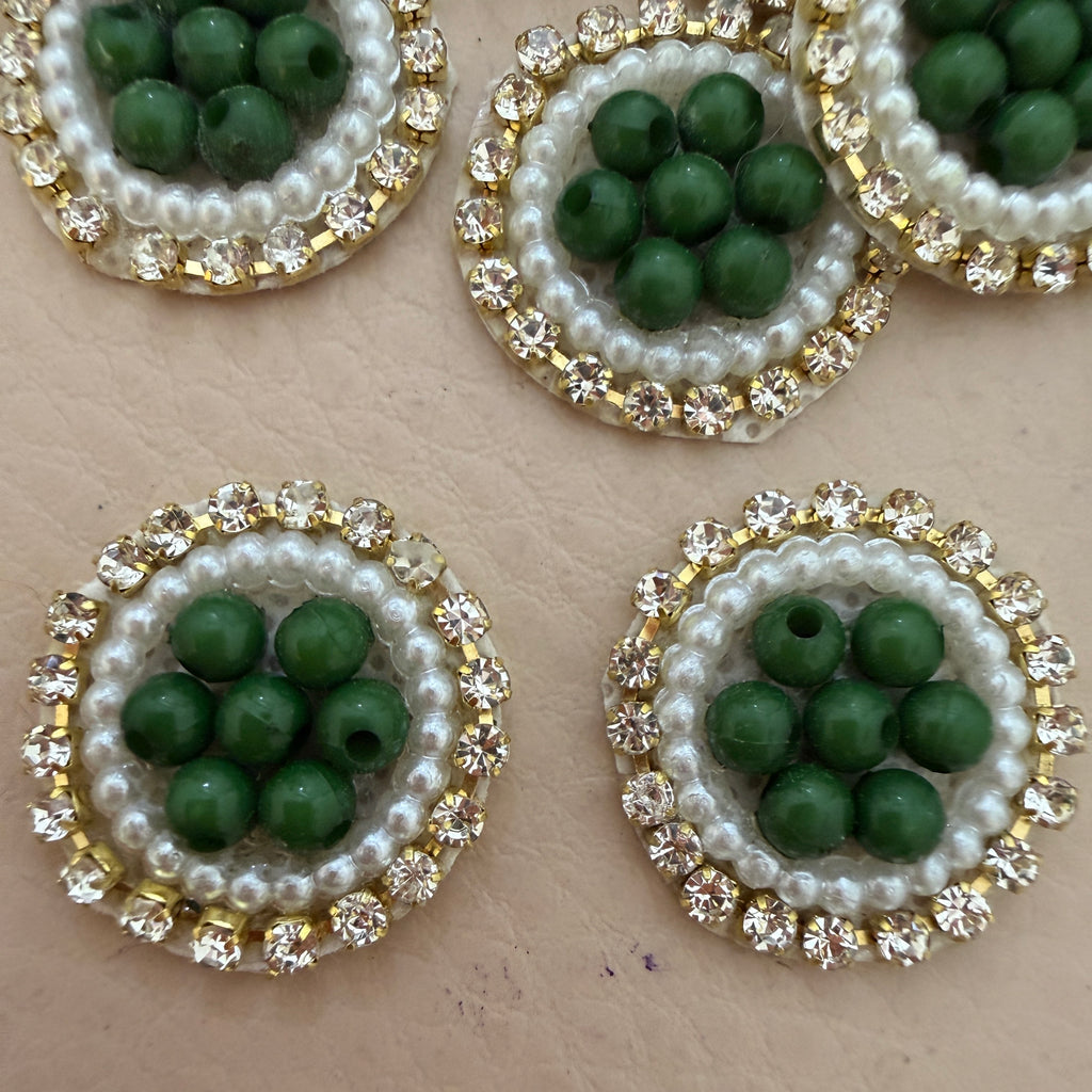 Premium Green Pearl & Rhinestone Circular Applique Patches (Pack of 25)