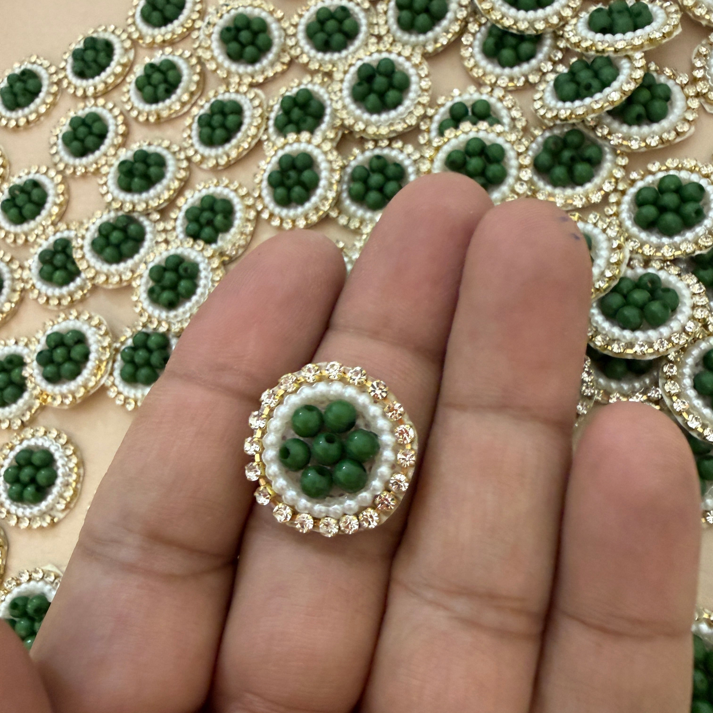 Premium Green Pearl & Rhinestone Circular Applique Patches (Pack of 25)
