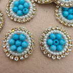 Turquoise Blue Beaded Pearl Rhinestone Round Applique Patches (Pack of 25)