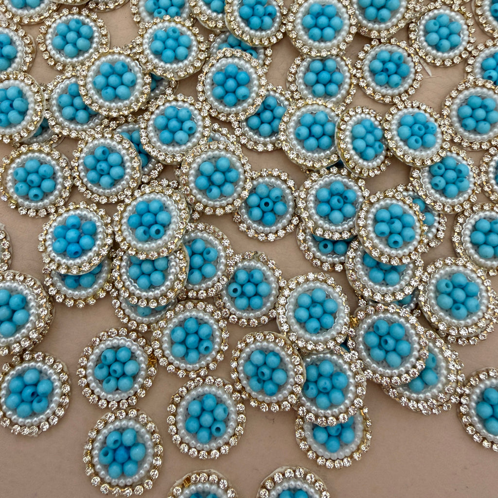 Turquoise Blue Beaded Pearl Rhinestone Round Applique Patches (Pack of 25)