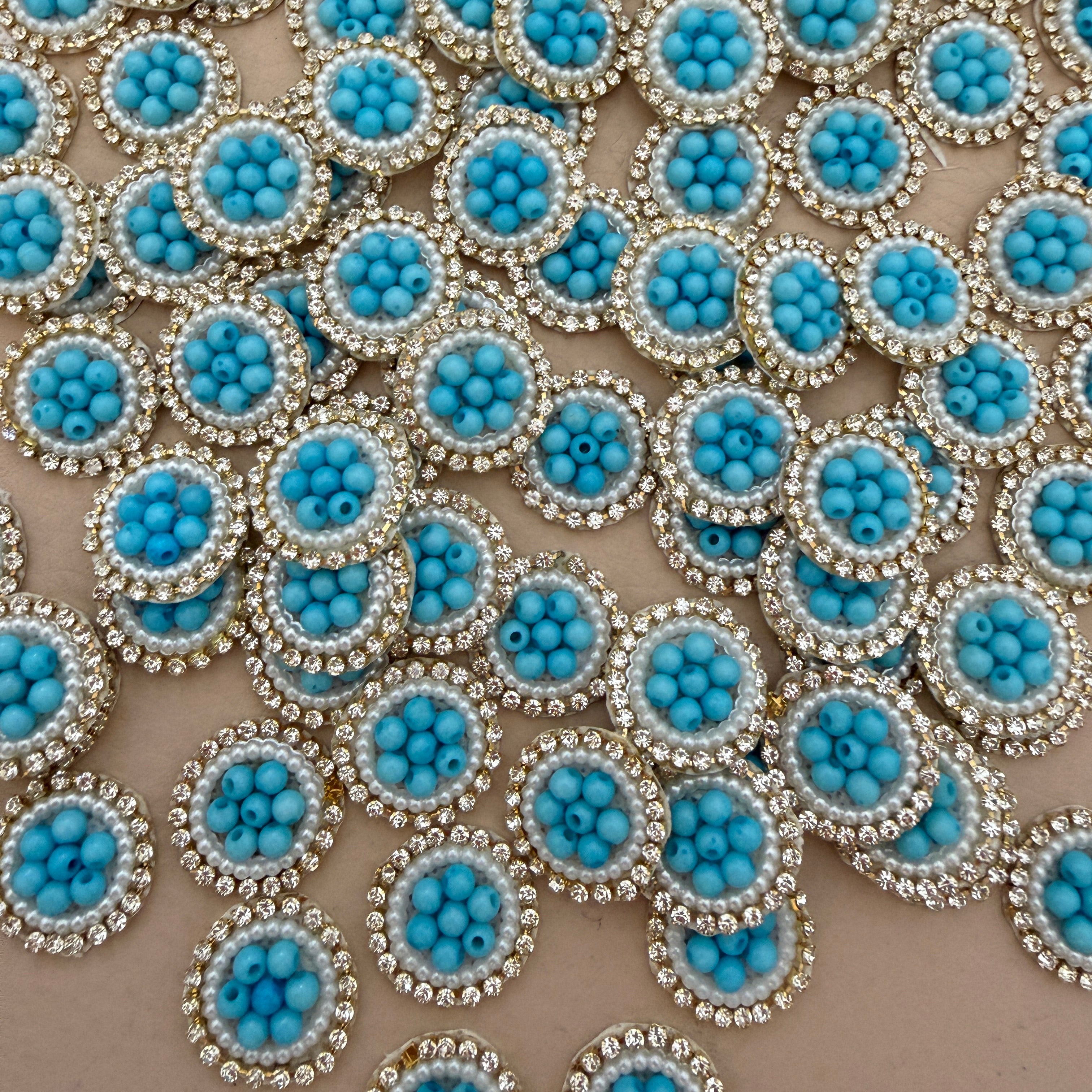 Turquoise Blue Beaded Pearl Rhinestone Round Applique Patches (Pack of 25)