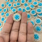 Turquoise Blue Beaded Pearl Rhinestone Round Applique Patches (Pack of 25)