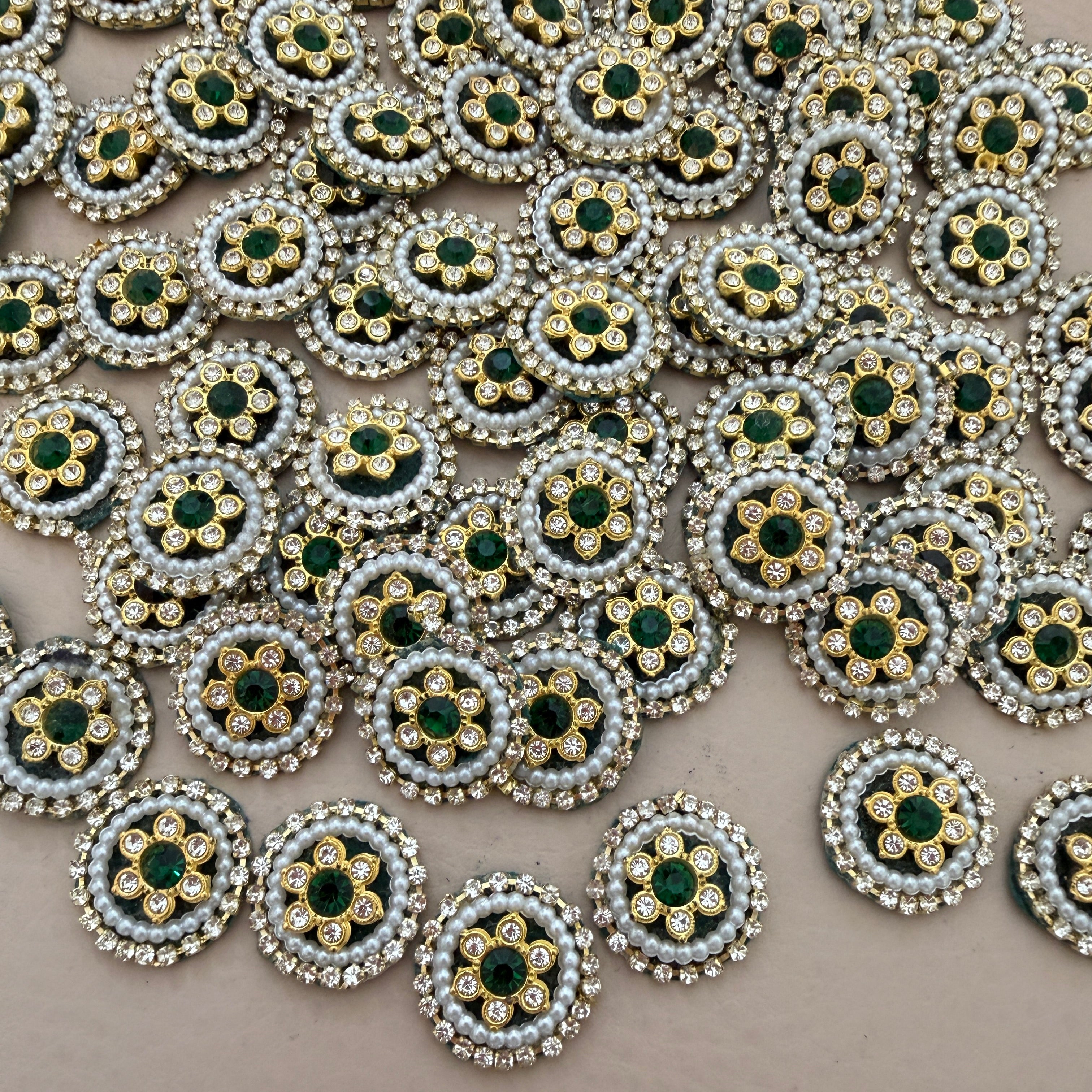 Emerald Green & Pearl Teardrop Handcrafted Beaded Crystal for Bridal Wear, Sarees Applique Patches Pack of 25
