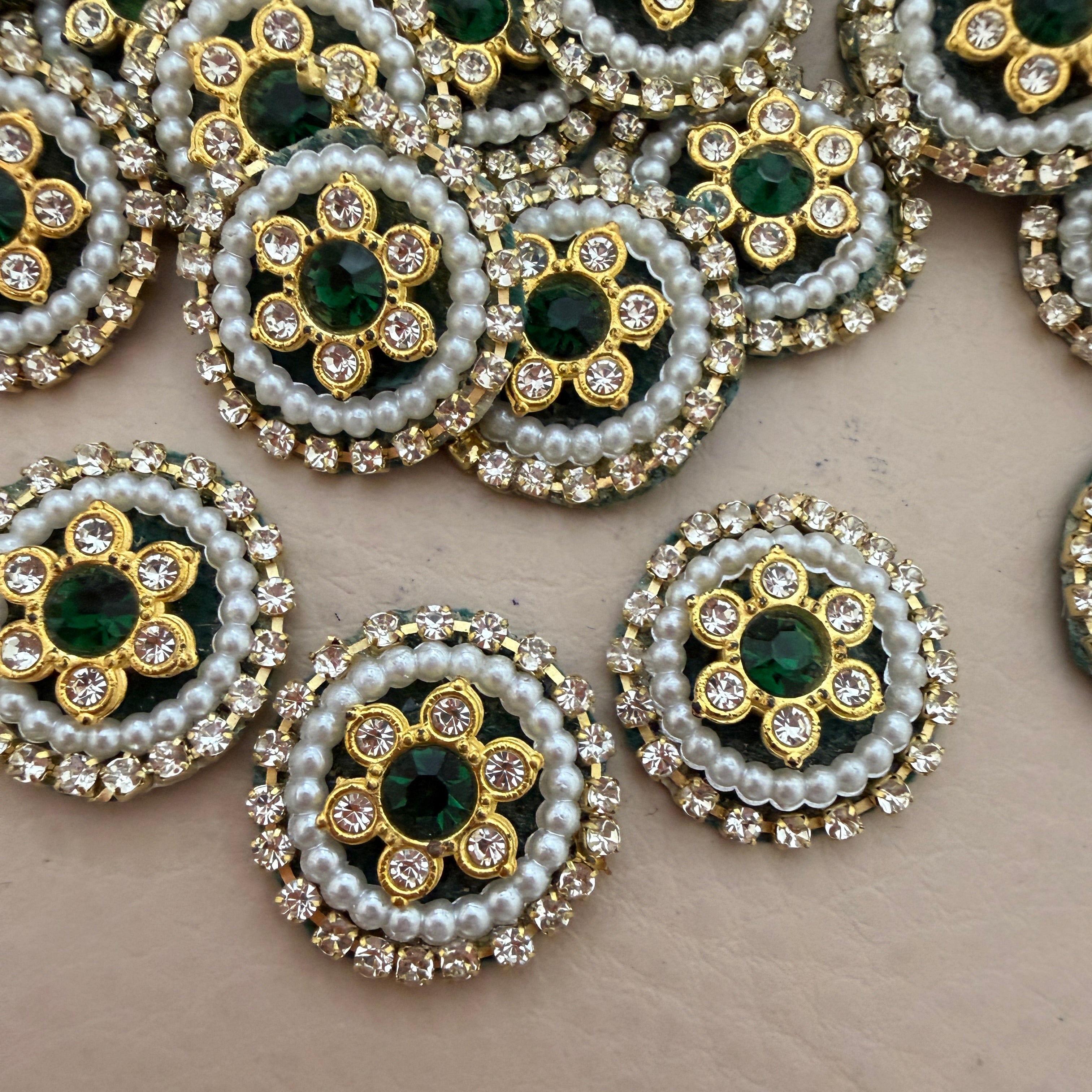 Emerald Green & Pearl Teardrop Handcrafted Beaded Crystal for Bridal Wear, Sarees Applique Patches Pack of 25