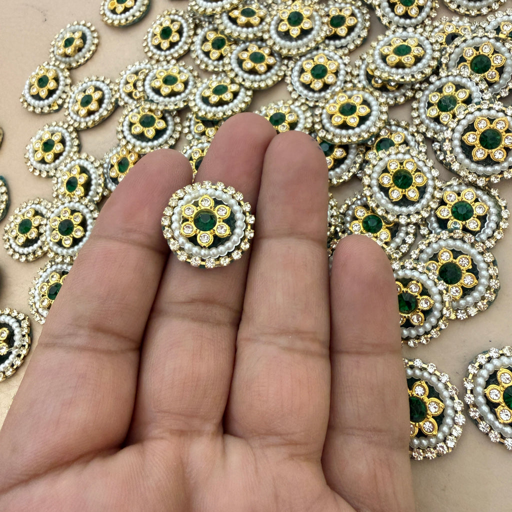 Emerald Green & Pearl Teardrop Handcrafted Beaded Crystal for Bridal Wear, Sarees Applique Patches Pack of 25