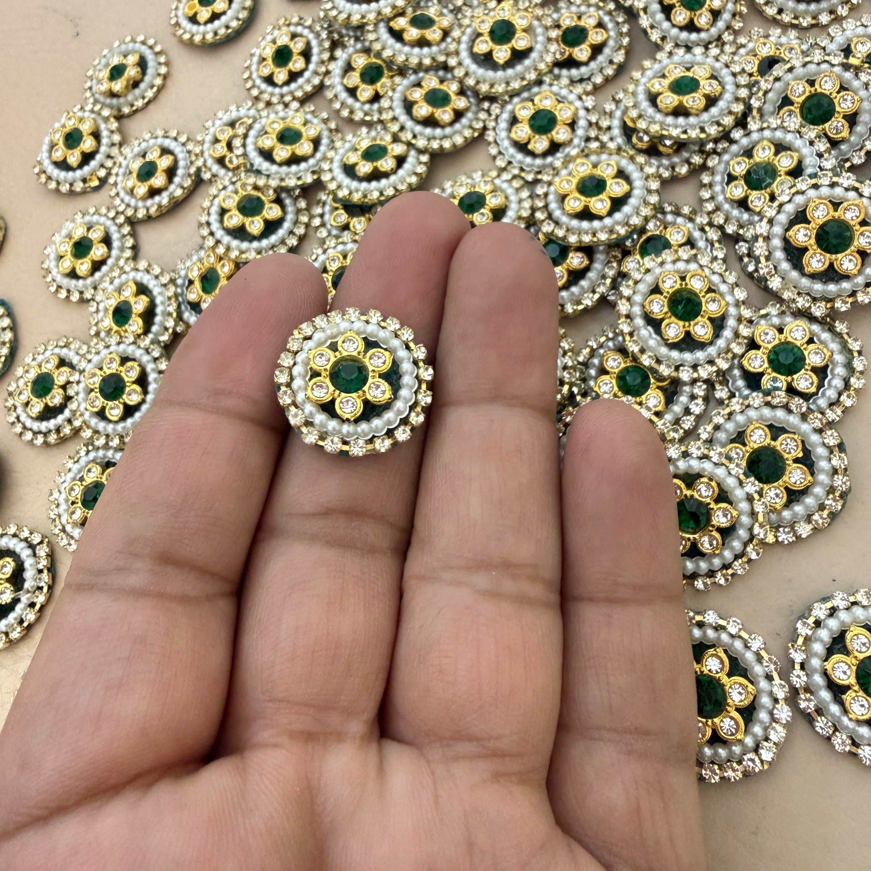 Emerald Green & Pearl Teardrop Handcrafted Beaded Crystal for Bridal Wear, Sarees Applique Patches Pack of 25