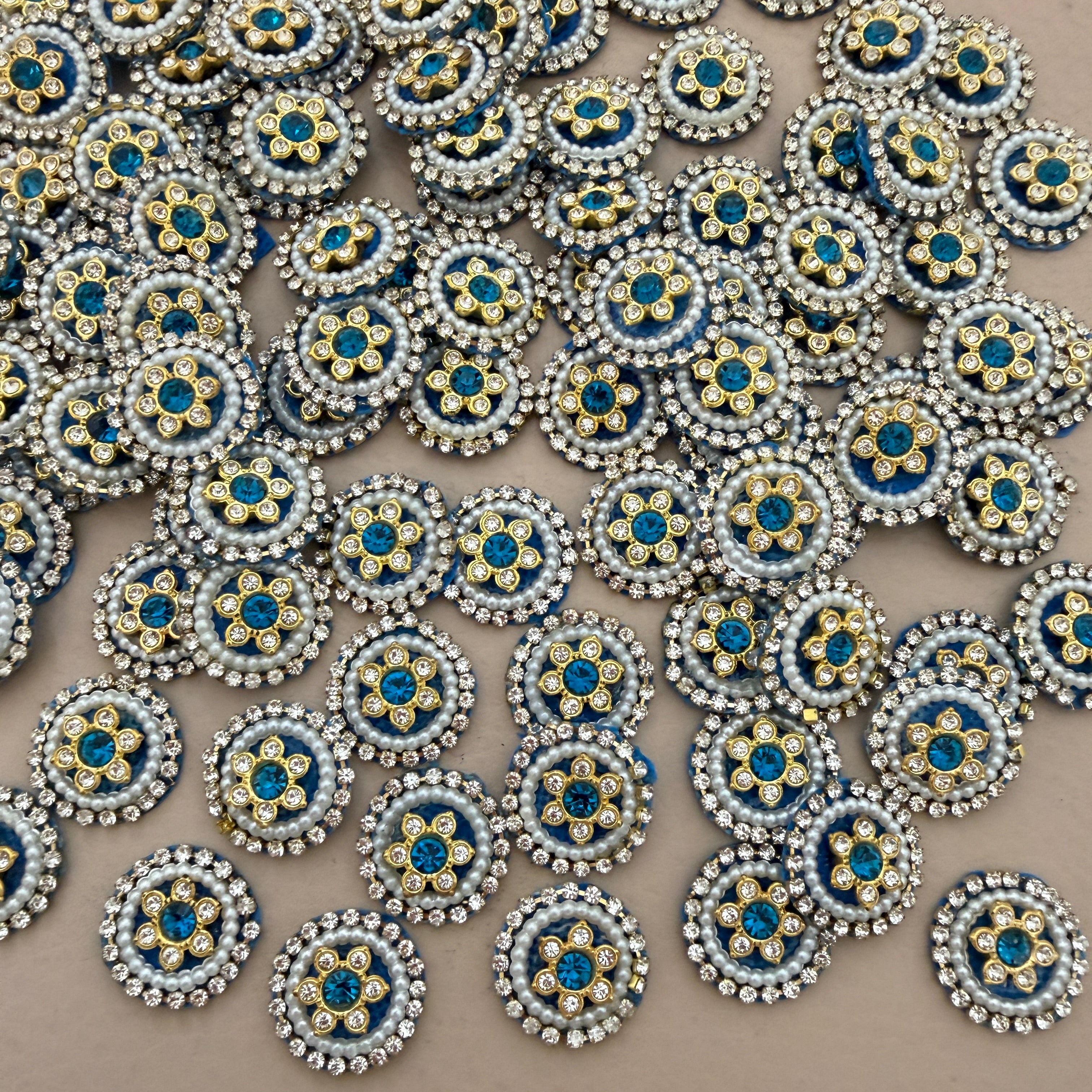 Turquoise Blue Beaded Pearl Rhinestone Round Applique Patches (Pack of 25)