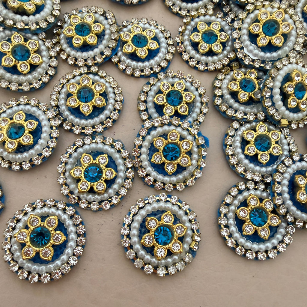 Turquoise Blue Beaded Pearl Rhinestone Round Applique Patches (Pack of 25)