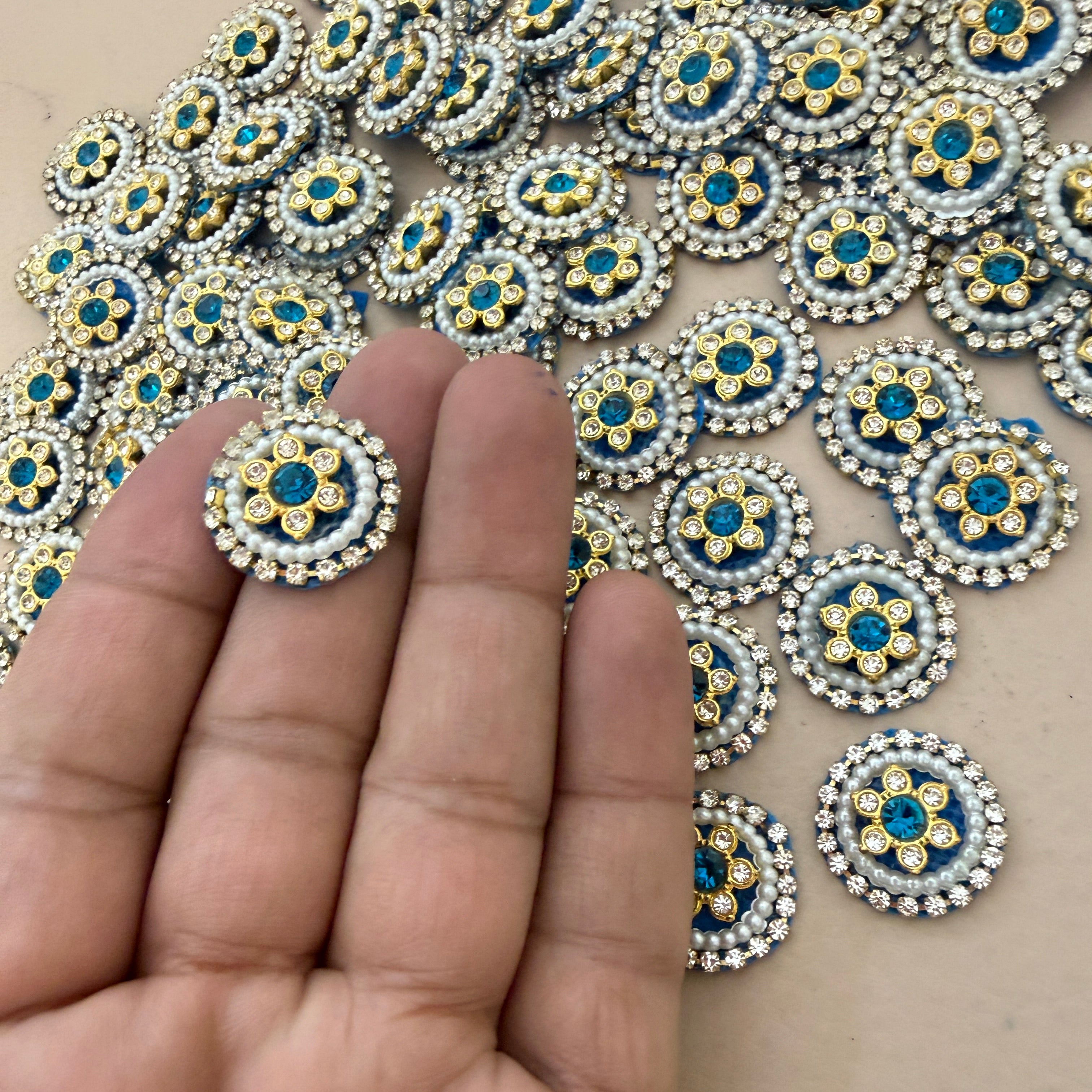 Turquoise Blue Beaded Pearl Rhinestone Round Applique Patches (Pack of 25)