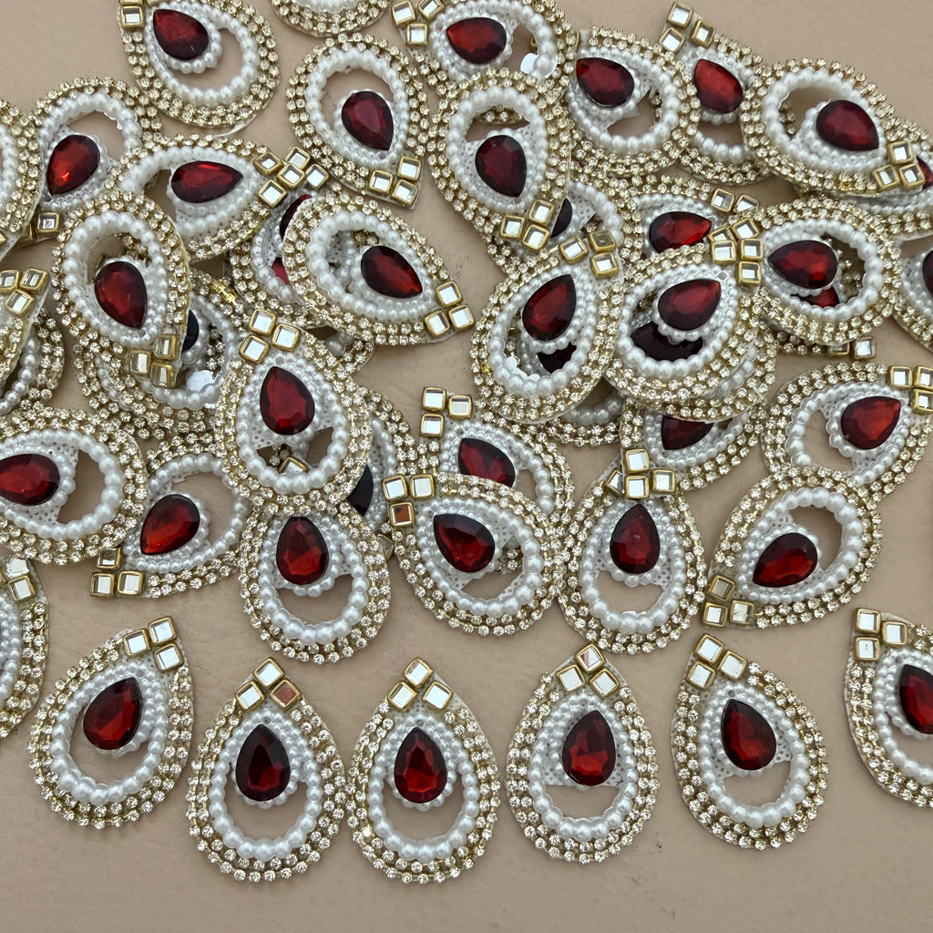 Red Pearl Kundan Teardrop Patches with Rhinestone & Gold Stone Work (Pack of 25)