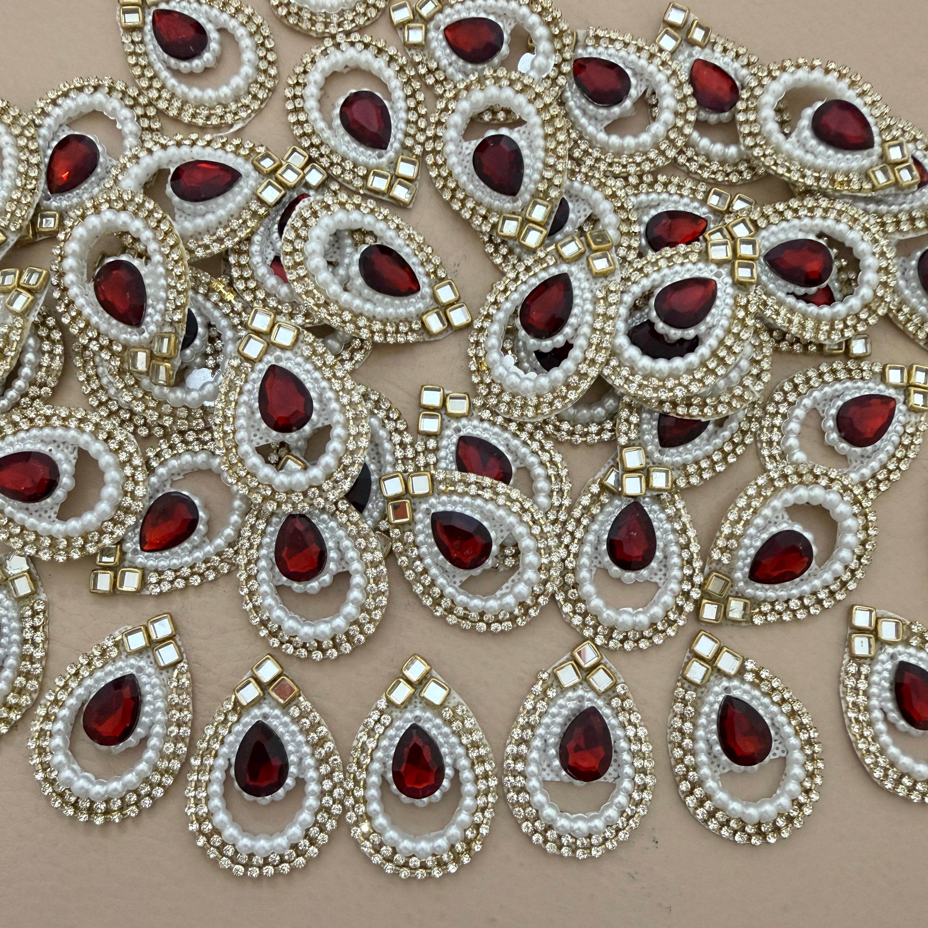 Red Pearl Kundan Teardrop Patches with Rhinestone & Gold Stone Work (Pack of 25)