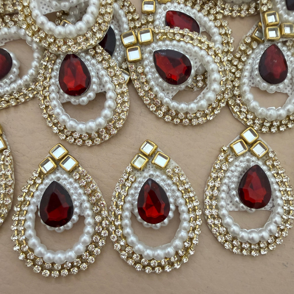 Red Pearl Kundan Teardrop Patches with Rhinestone & Gold Stone Work (Pack of 25)