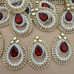 Red Pearl Kundan Teardrop Patches with Rhinestone & Gold Stone Work (Pack of 25)