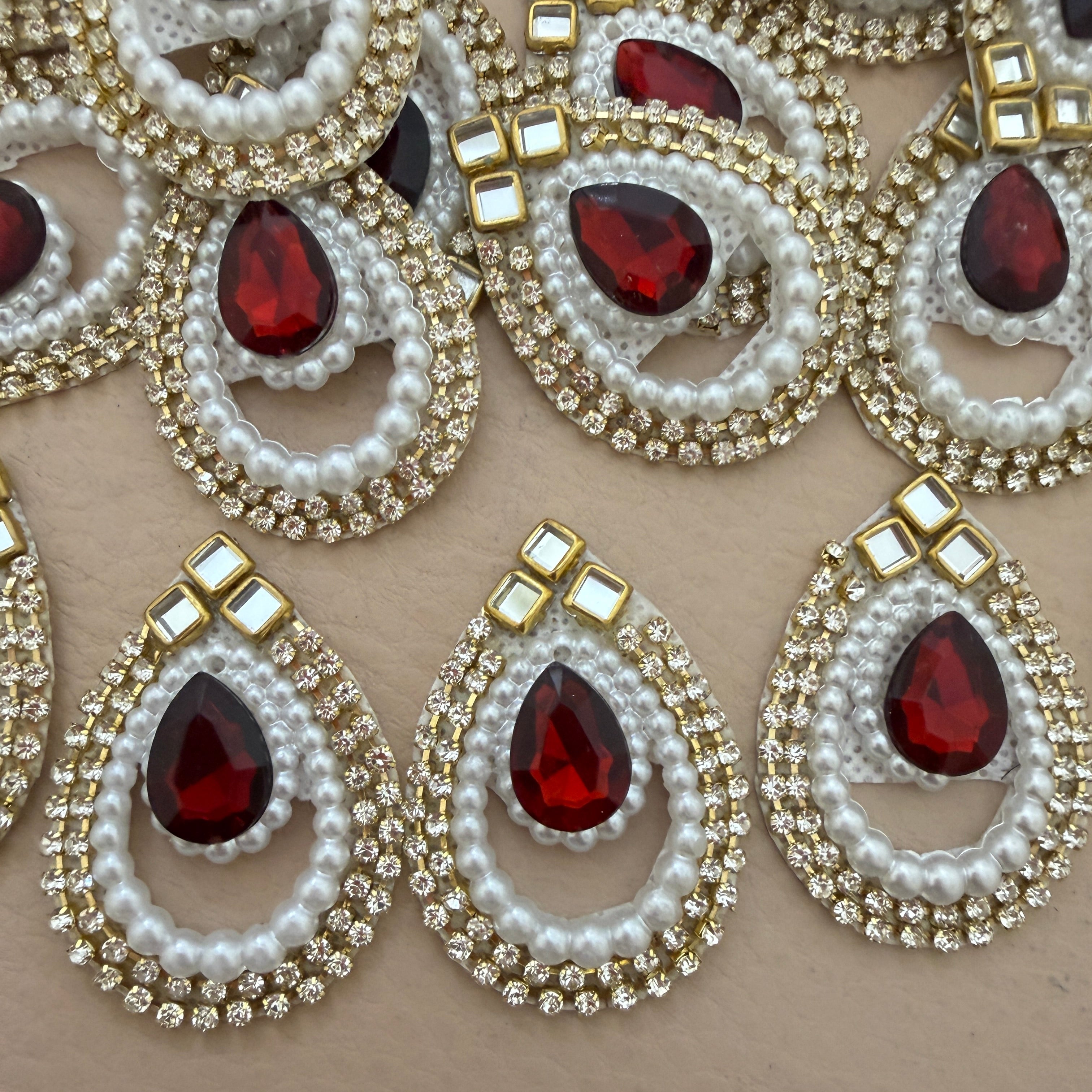 Red Pearl Kundan Teardrop Patches with Rhinestone & Gold Stone Work (Pack of 25)
