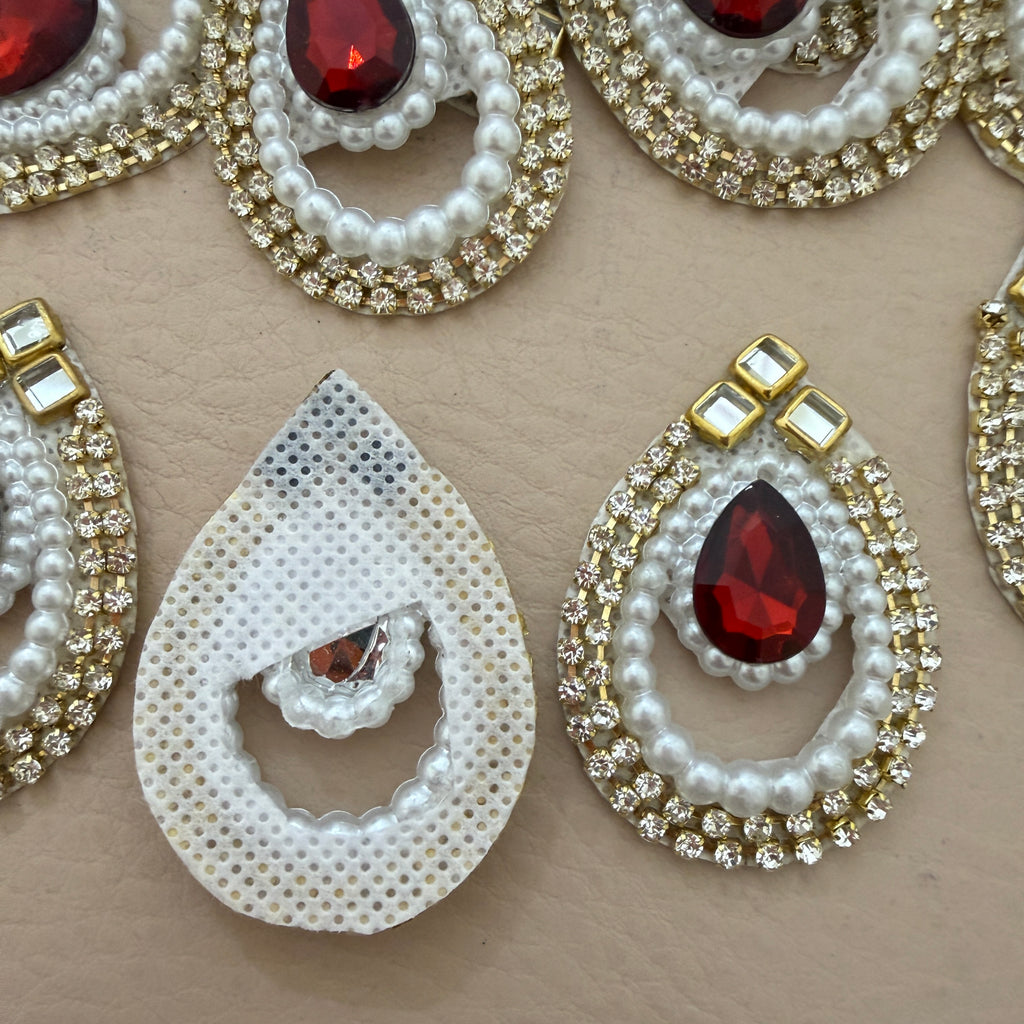 Red Pearl Kundan Teardrop Patches with Rhinestone & Gold Stone Work (Pack of 25)
