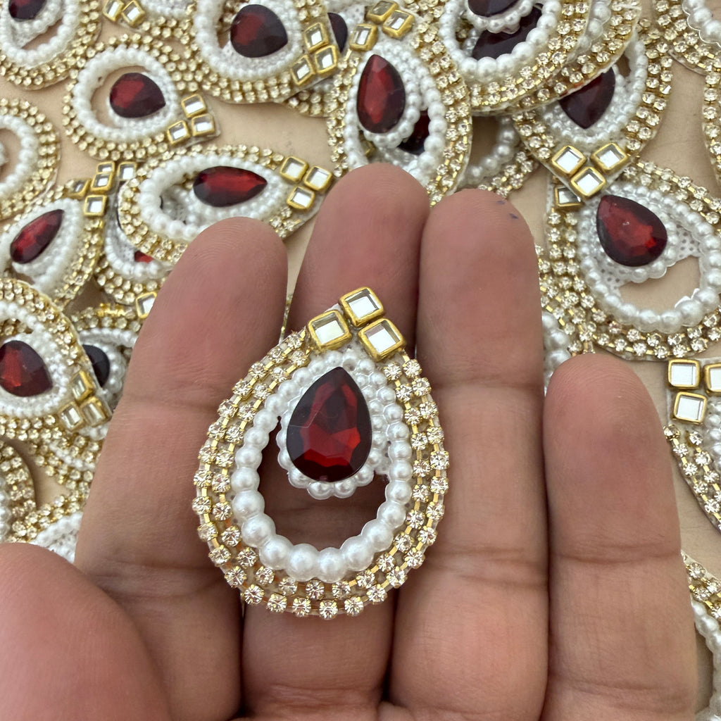 Red Pearl Kundan Teardrop Patches with Rhinestone & Gold Stone Work (Pack of 25)