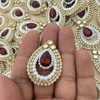 Red Pearl Kundan Teardrop Patches with Rhinestone & Gold Stone Work (Pack of 25)