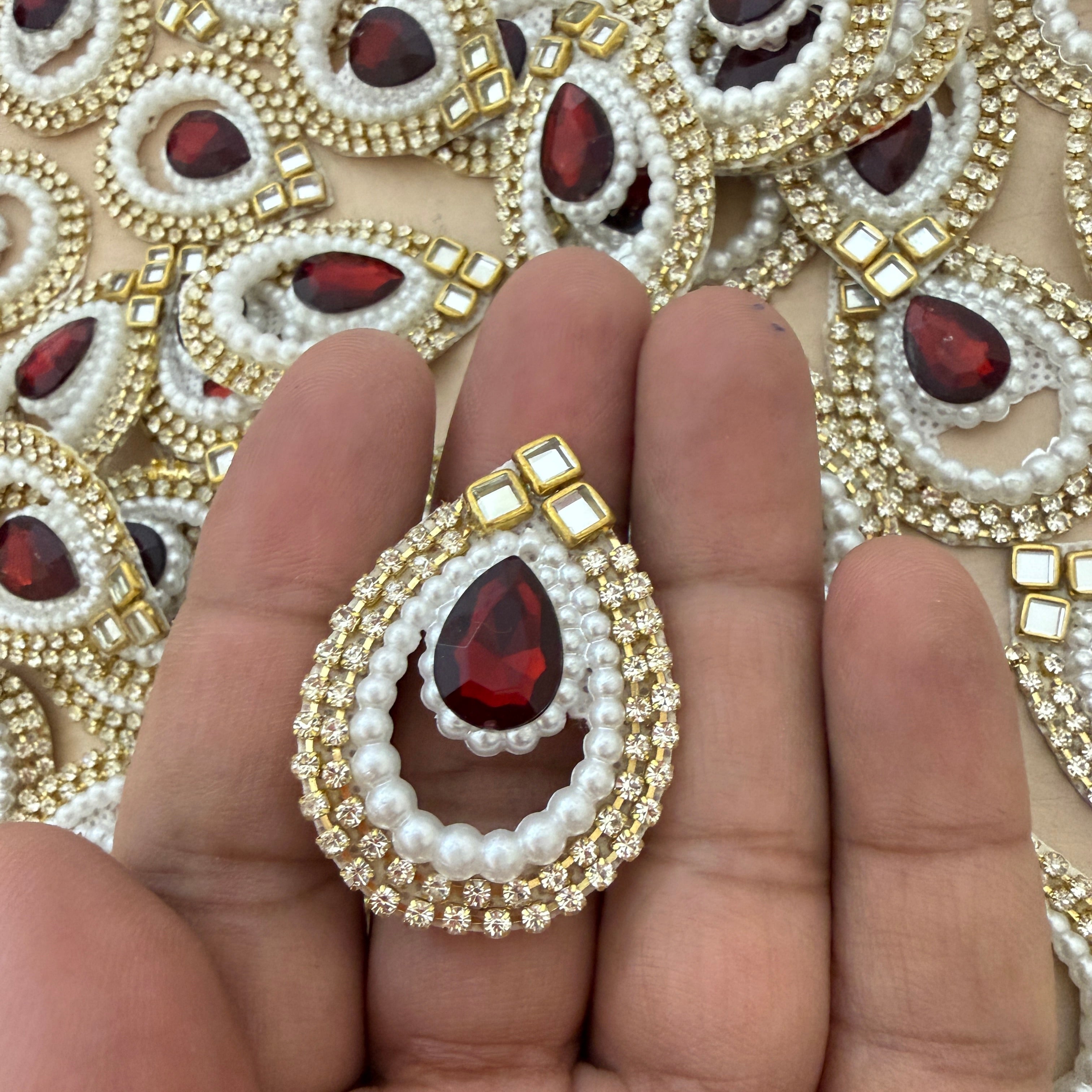 Red Pearl Kundan Teardrop Patches with Rhinestone & Gold Stone Work (Pack of 25)