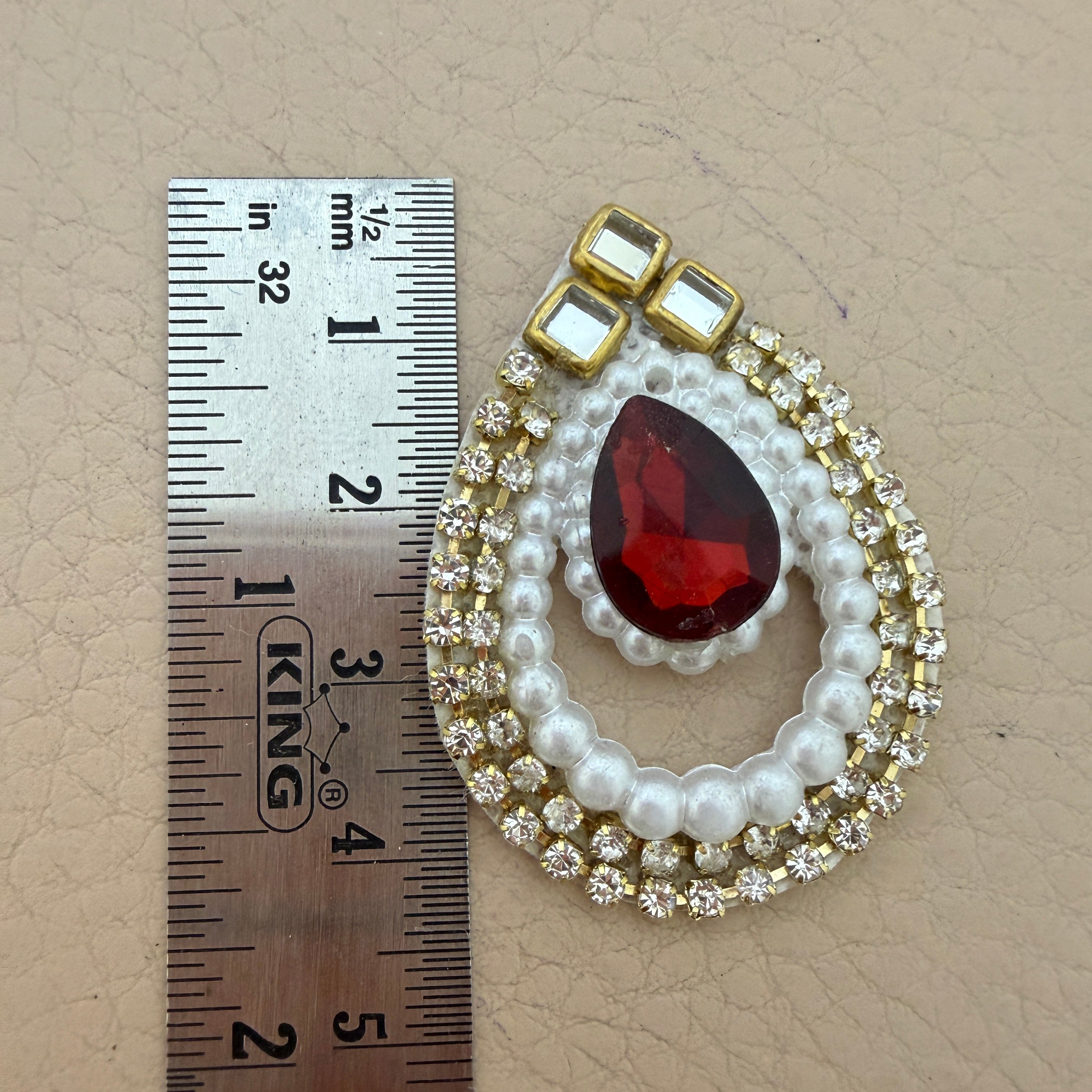 Red Pearl Kundan Teardrop Patches with Rhinestone & Gold Stone Work (Pack of 25)