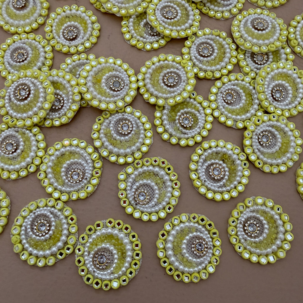 Yellow & Gold Applique Patches With Elegant Pearl & Crystal Embellished Flower  (Pack of 10)