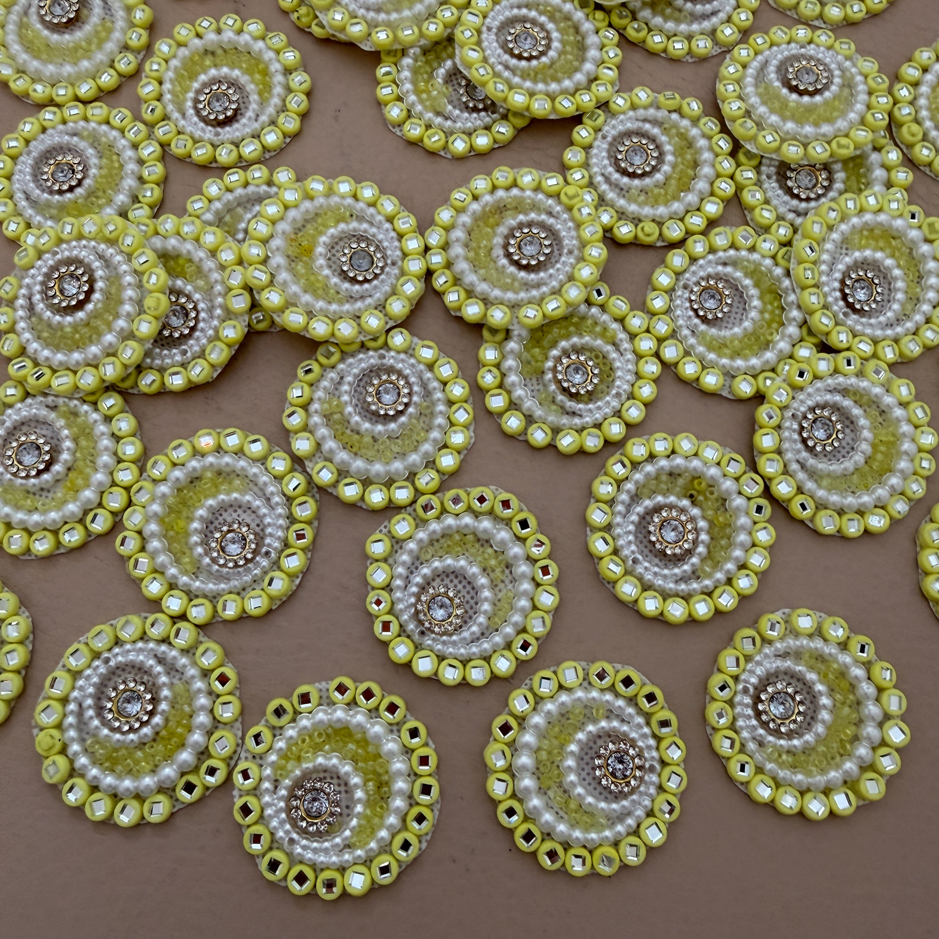 Yellow & Gold Applique Patches With Elegant Pearl & Crystal Embellished Flower  (Pack of 10)