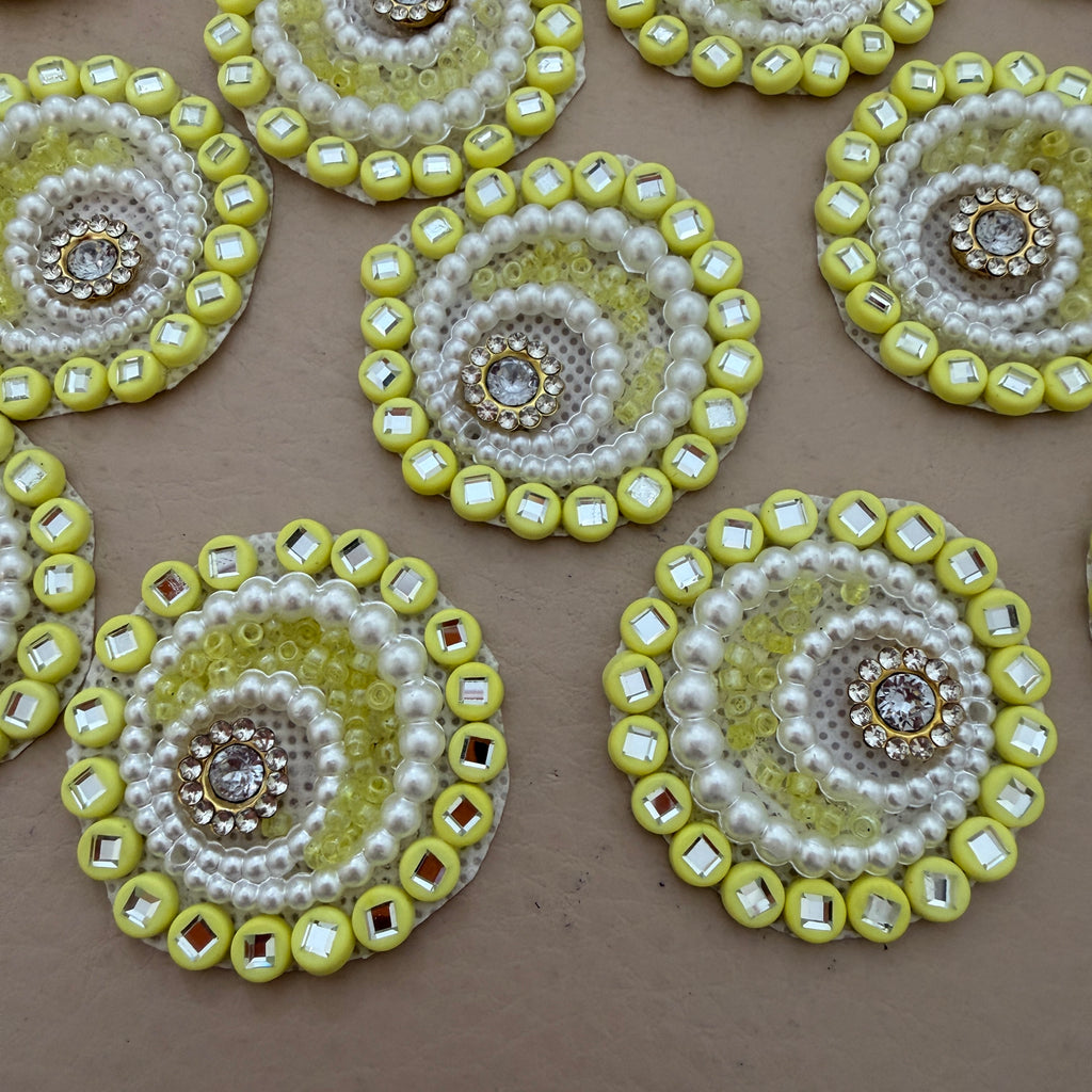 Yellow & Gold Applique Patches With Elegant Pearl & Crystal Embellished Flower  (Pack of 10)