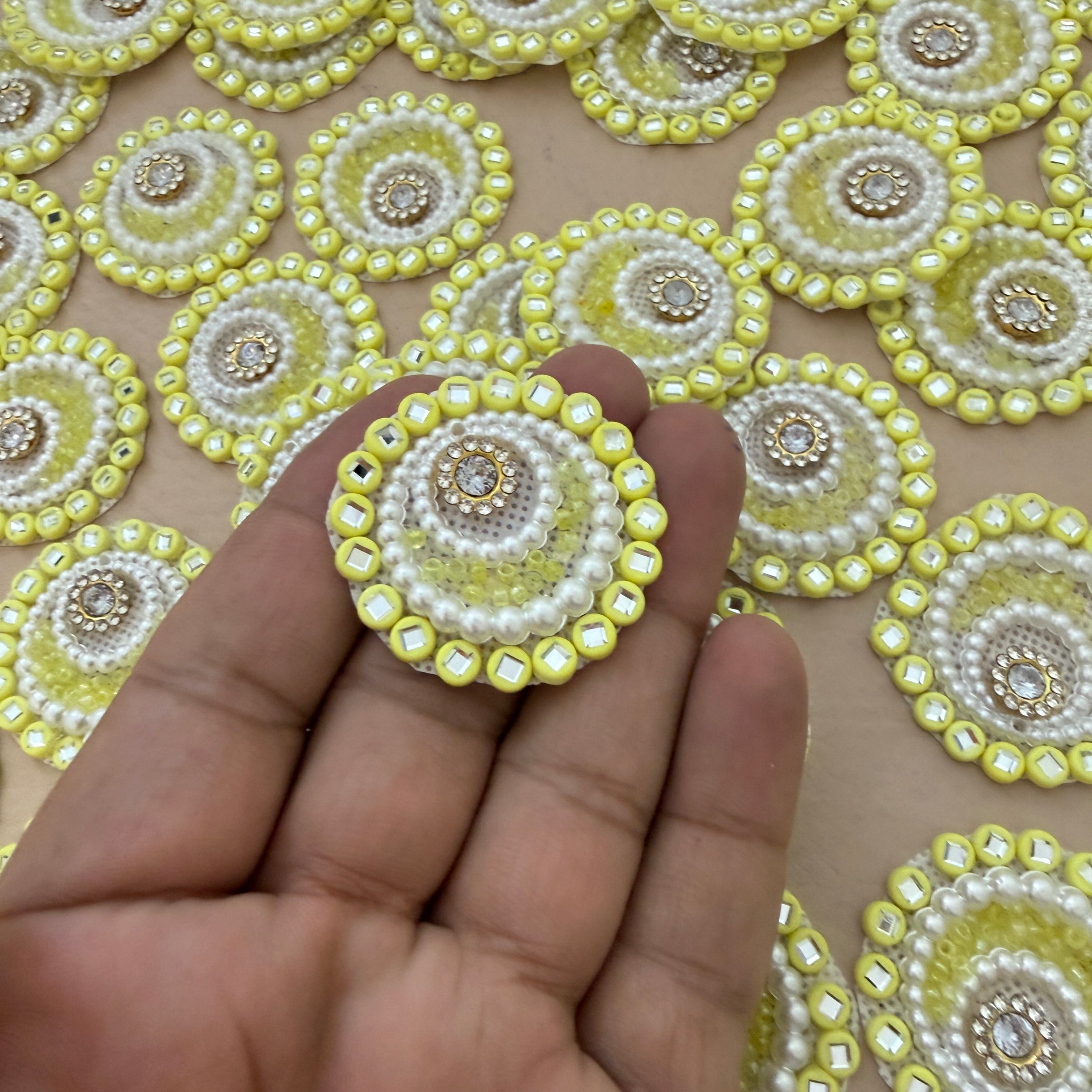 Yellow & Gold Applique Patches With Elegant Pearl & Crystal Embellished Flower  (Pack of 10)
