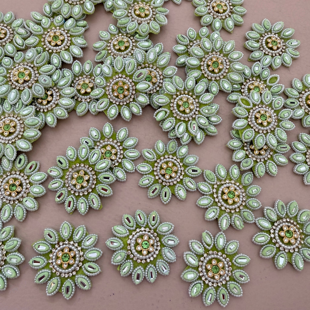 Premium Pistachio Green & Gold With Pearl & Crystal Studded Flower Applique Patches for DIY Crafts (Pack of 10)