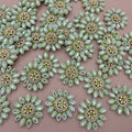 Premium Pistachio Green & Gold With Pearl & Crystal Studded Flower Applique Patches for DIY Crafts (Pack of 10)