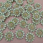Premium Pistachio Green & Gold With Pearl & Crystal Studded Flower Applique Patches for DIY Crafts (Pack of 10)