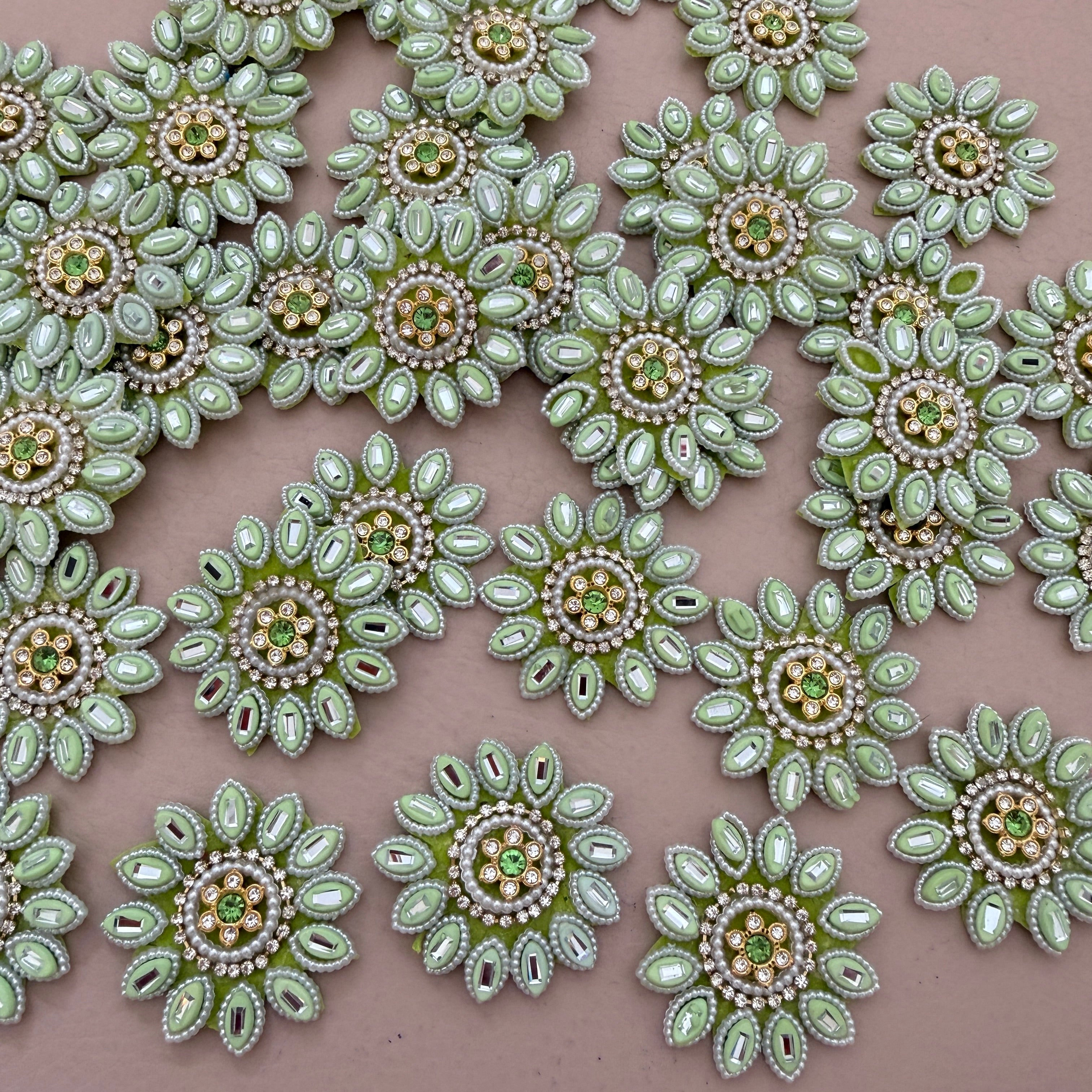 Premium Pistachio Green & Gold With Pearl & Crystal Studded Flower Applique Patches for DIY Crafts (Pack of 10)