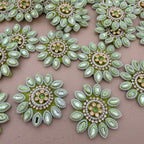 Premium Pistachio Green & Gold With Pearl & Crystal Studded Flower Applique Patches for DIY Crafts (Pack of 10)