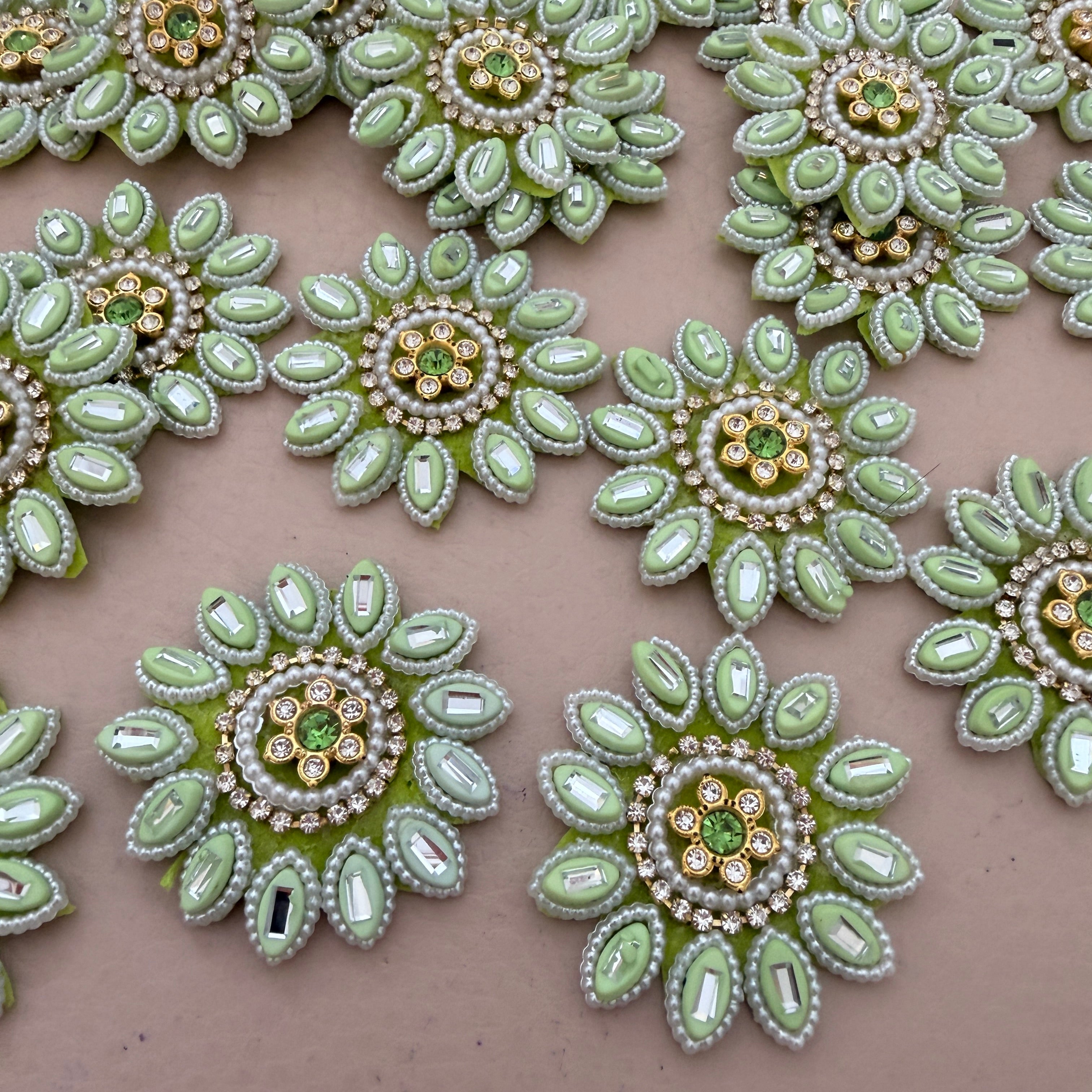 Premium Pistachio Green & Gold With Pearl & Crystal Studded Flower Applique Patches for DIY Crafts (Pack of 10)