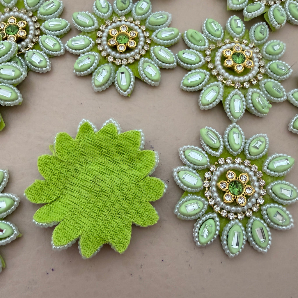 Premium Pistachio Green & Gold With Pearl & Crystal Studded Flower Applique Patches for DIY Crafts (Pack of 10)