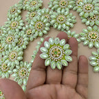 Premium Pistachio Green & Gold With Pearl & Crystal Studded Flower Applique Patches for DIY Crafts (Pack of 10)