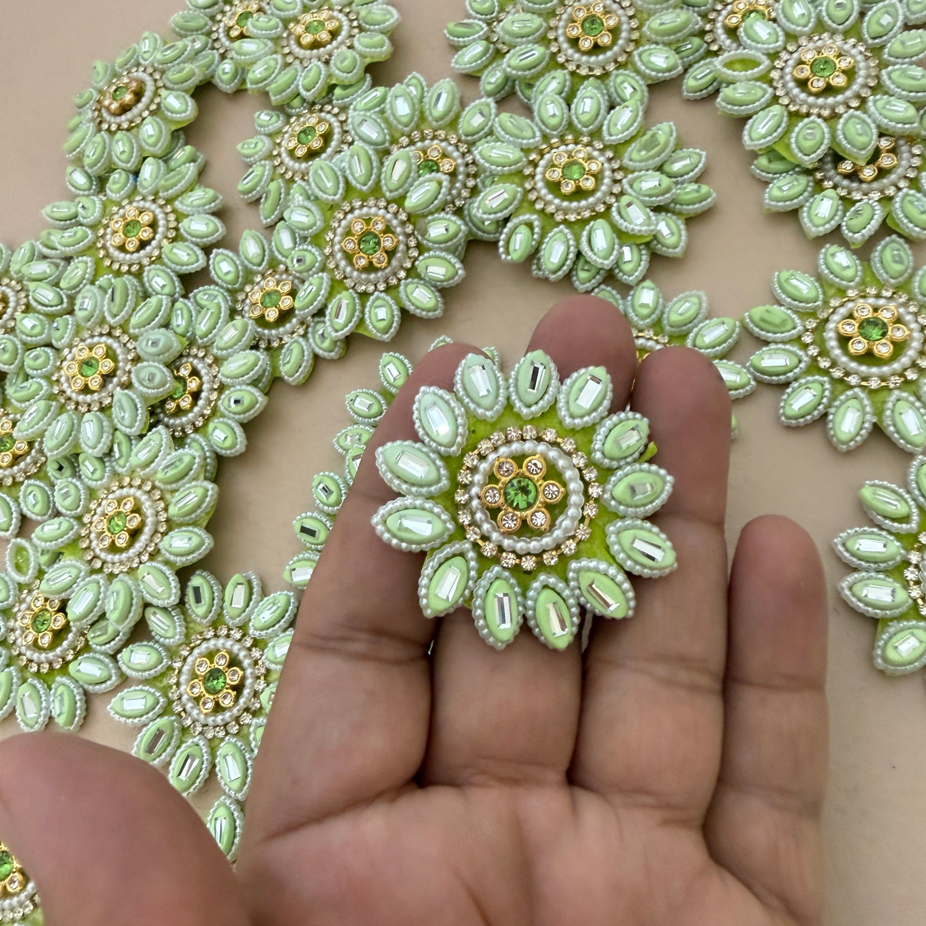 Premium Pistachio Green & Gold With Pearl & Crystal Studded Flower Applique Patches for DIY Crafts (Pack of 10)
