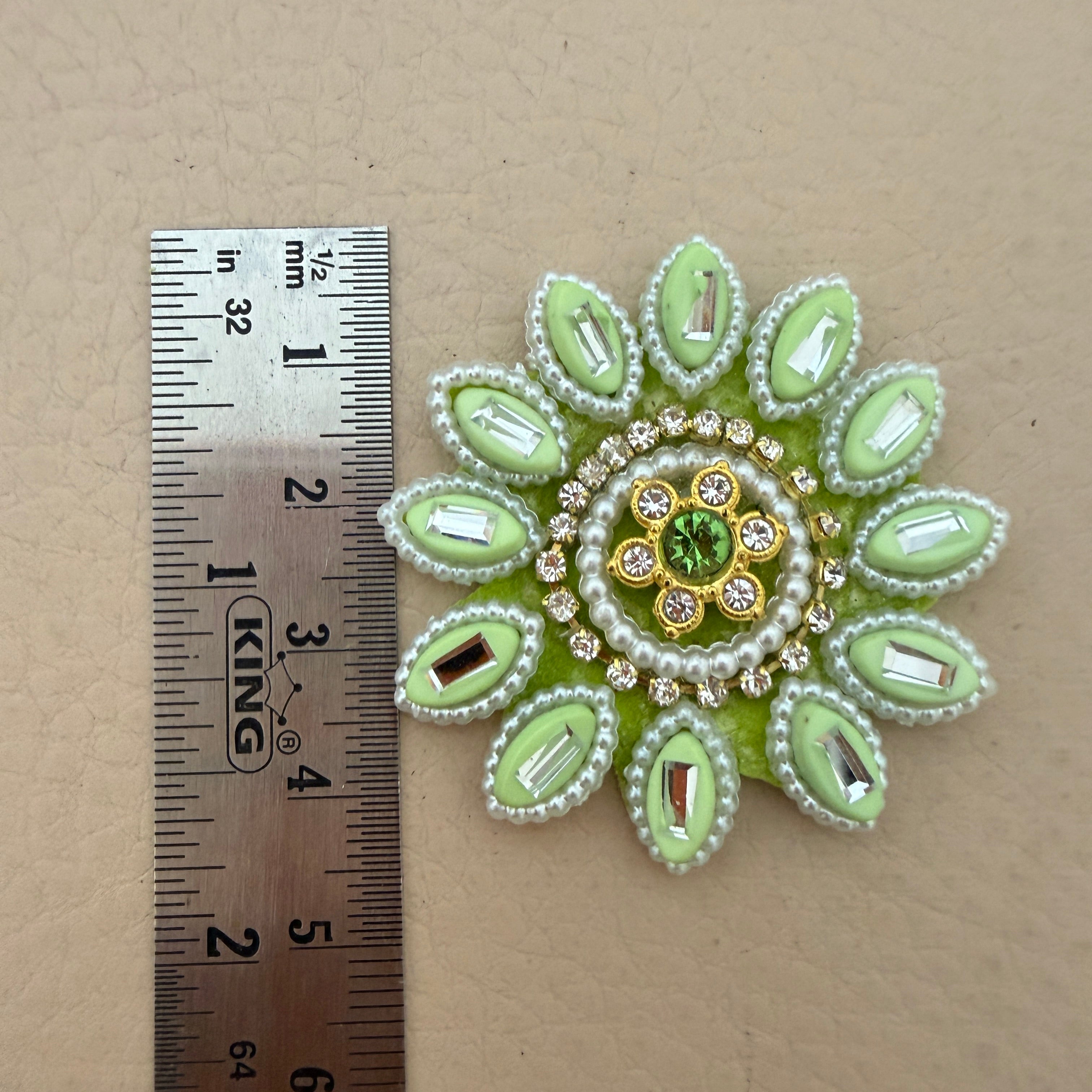 Premium Pistachio Green & Gold With Pearl & Crystal Studded Flower Applique Patches for DIY Crafts (Pack of 10)