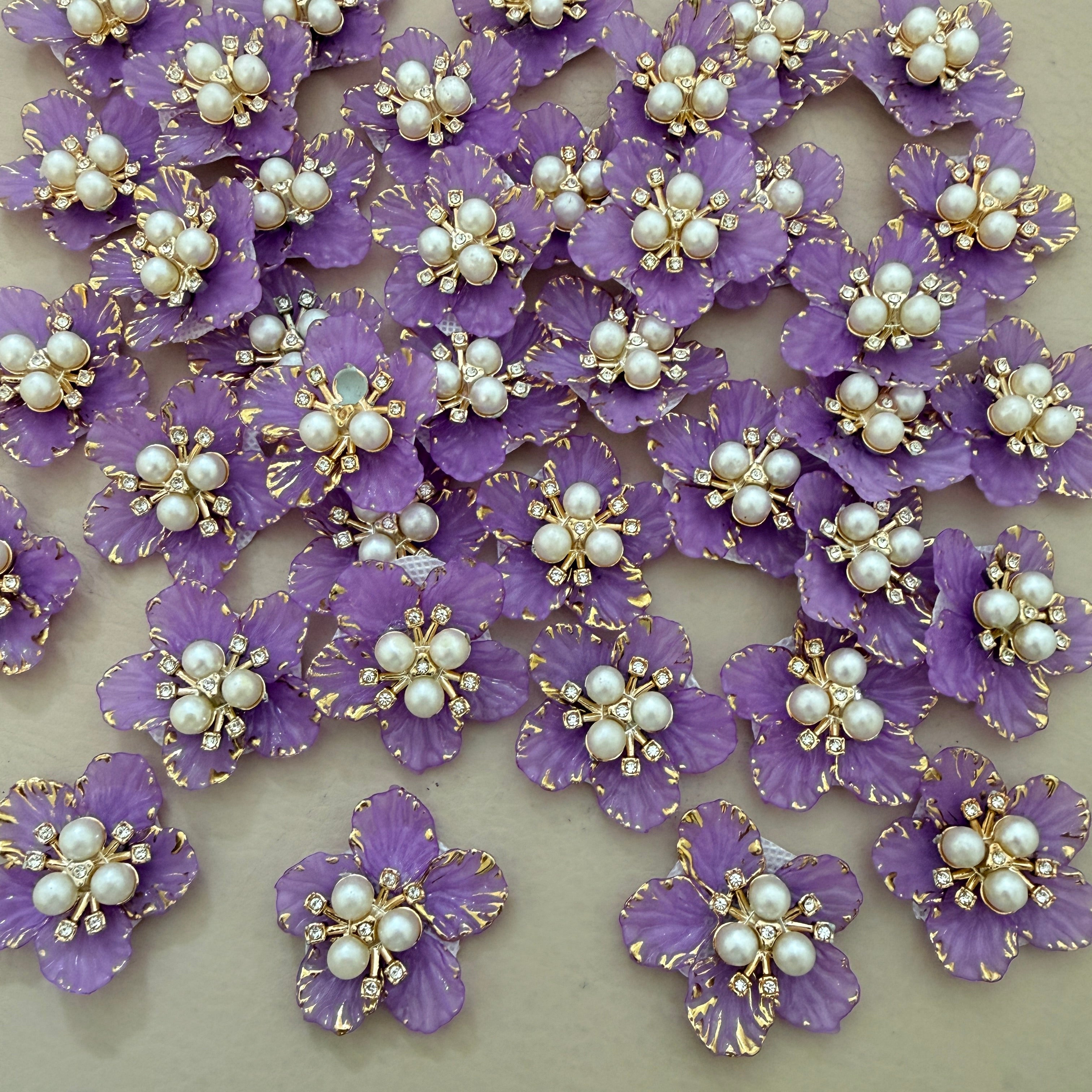 Purple & Gold Floral Applique Patches With Elegant Pearl & Crystal Embellished Flower Motifs (Pack of 5)