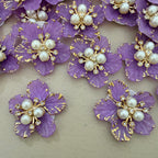 Purple & Gold Floral Applique Patches With Elegant Pearl & Crystal Embellished Flower Motifs (Pack of 5)