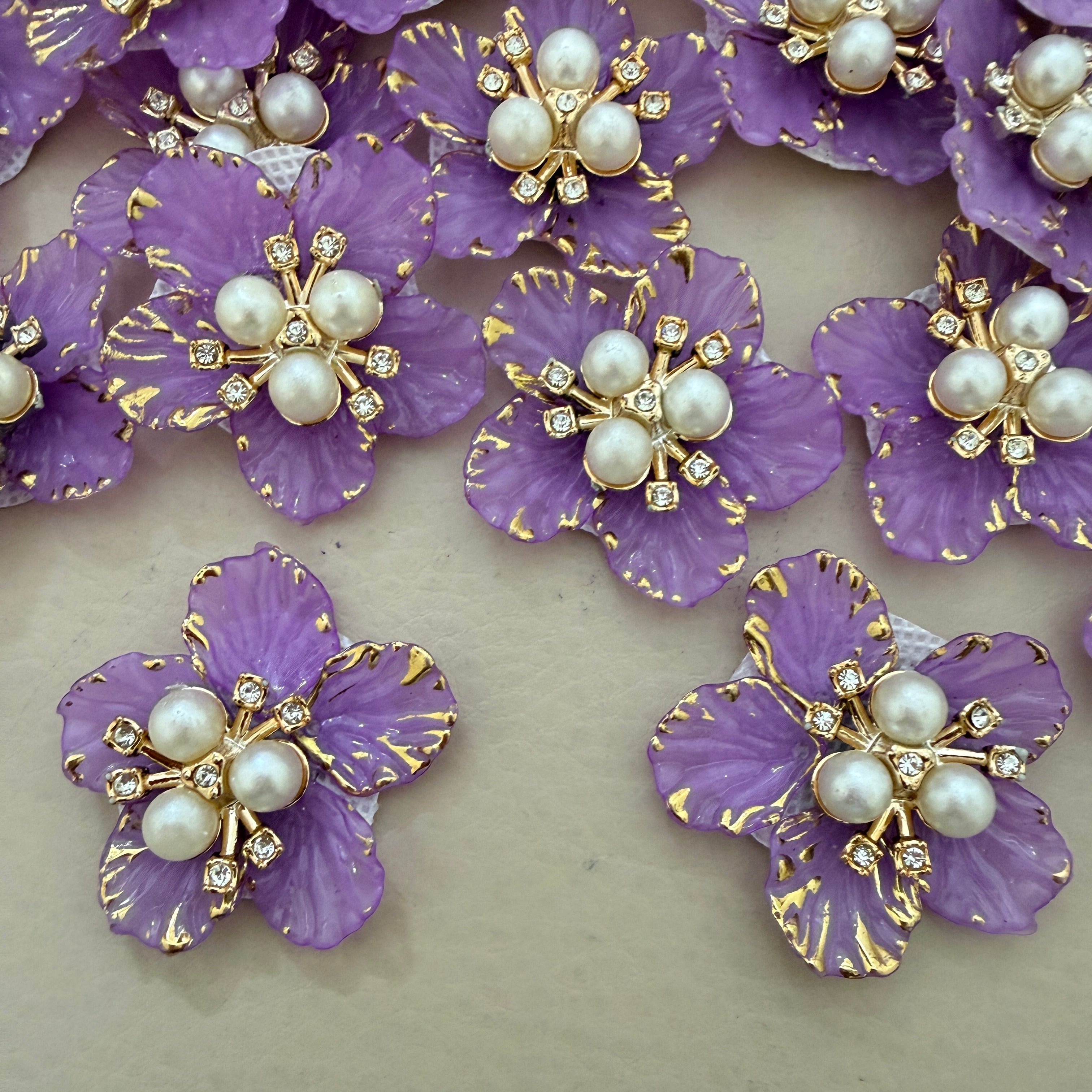 Purple & Gold Floral Applique Patches With Elegant Pearl & Crystal Embellished Flower Motifs (Pack of 5)