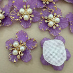Purple & Gold Floral Applique Patches With Elegant Pearl & Crystal Embellished Flower Motifs (Pack of 5)