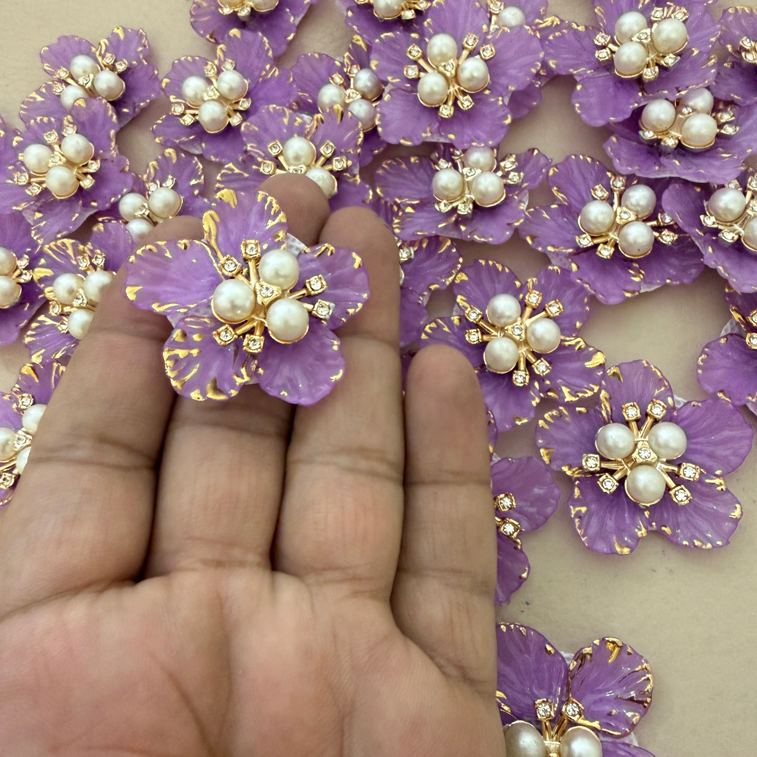 Purple & Gold Floral Applique Patches With Elegant Pearl & Crystal Embellished Flower Motifs (Pack of 5)