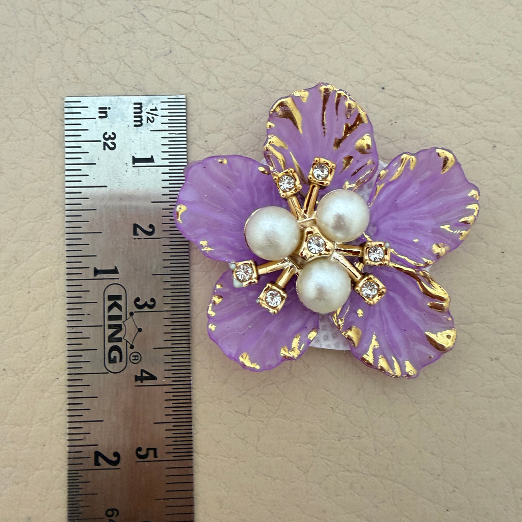 Purple & Gold Floral Applique Patches With Elegant Pearl & Crystal Embellished Flower Motifs (Pack of 5)