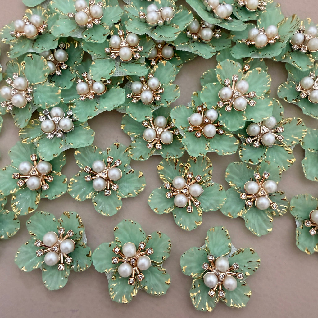 Mint Green & Gold With Premium Pearl & Crystal Studded Flower Patches for DIY Crafts (Pack of 5)