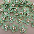 Mint Green & Gold With Premium Pearl & Crystal Studded Flower Patches for DIY Crafts (Pack of 5)