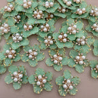 Mint Green & Gold With Premium Pearl & Crystal Studded Flower Patches for DIY Crafts (Pack of 5)