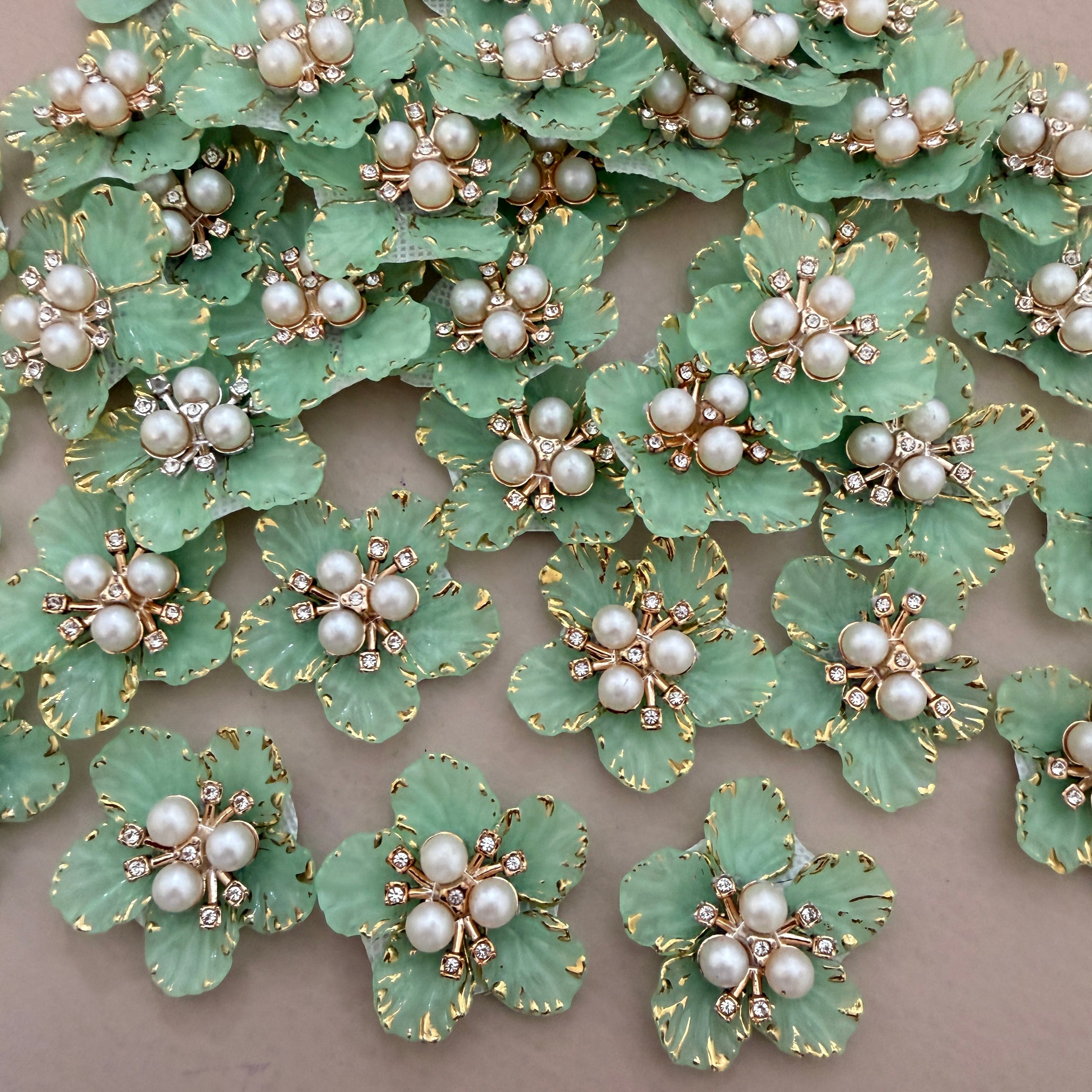 Mint Green & Gold With Premium Pearl & Crystal Studded Flower Patches for DIY Crafts (Pack of 5)